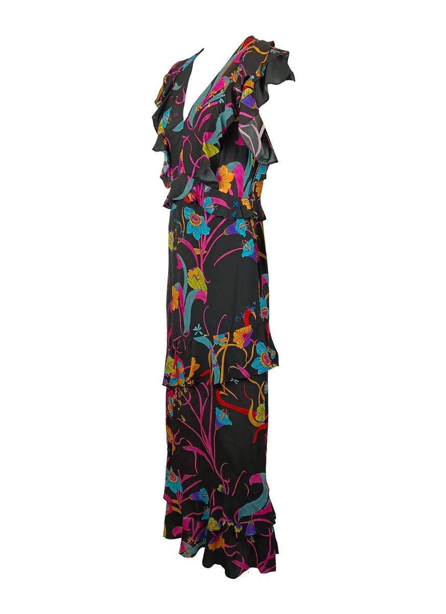 2230060 V-Neck Ruffled Sleeve Backless Printed Maxi Dress *Last Piece