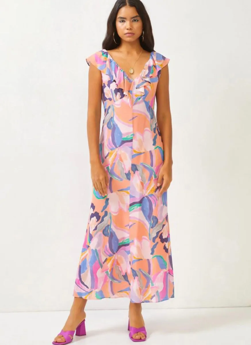 2230061 Ruffled V-Neck Sleeveless Printed Dress *Orange
