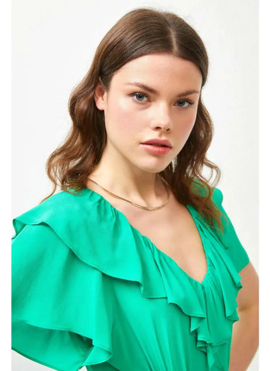 2230066 V-Neck Ruffled Layered Dress *Green *Last Piece