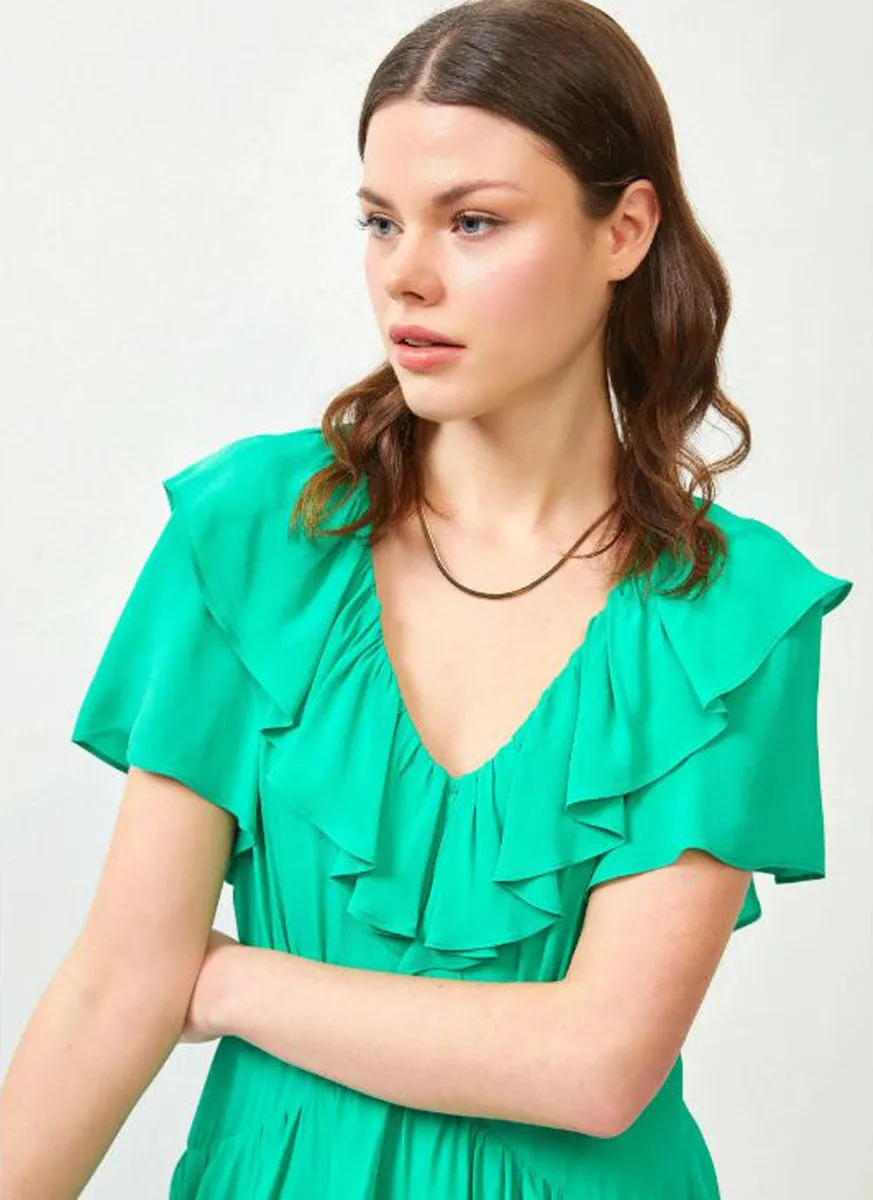 2230066 V-Neck Ruffled Layered Dress *Green *Last Piece