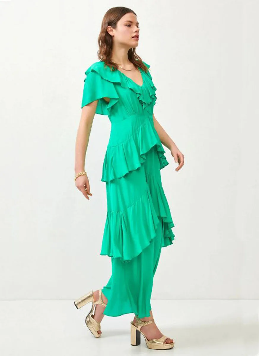 2230066 V-Neck Ruffled Layered Dress *Green *Last Piece