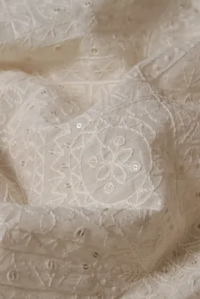 4 Meter Cut Piece Of White Thread With Sequins Geometric Embroidery Work On Off White Organic Cotton Fabric