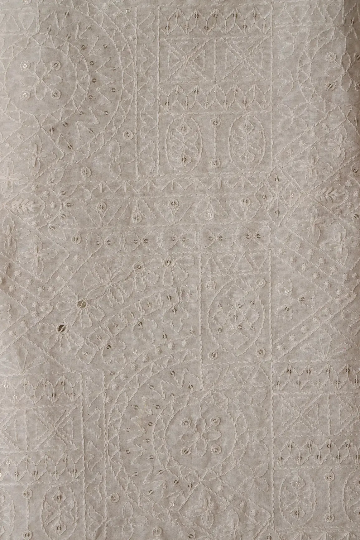 4 Meter Cut Piece Of White Thread With Sequins Geometric Embroidery Work On Off White Organic Cotton Fabric