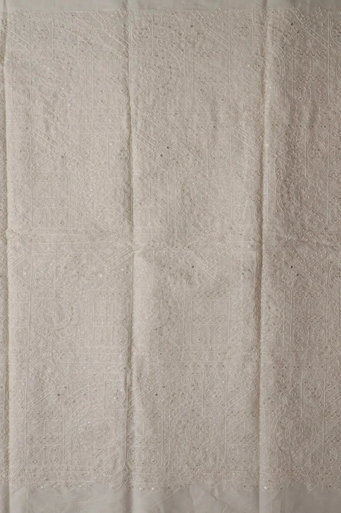 4 Meter Cut Piece Of White Thread With Sequins Geometric Embroidery Work On Off White Organic Cotton Fabric