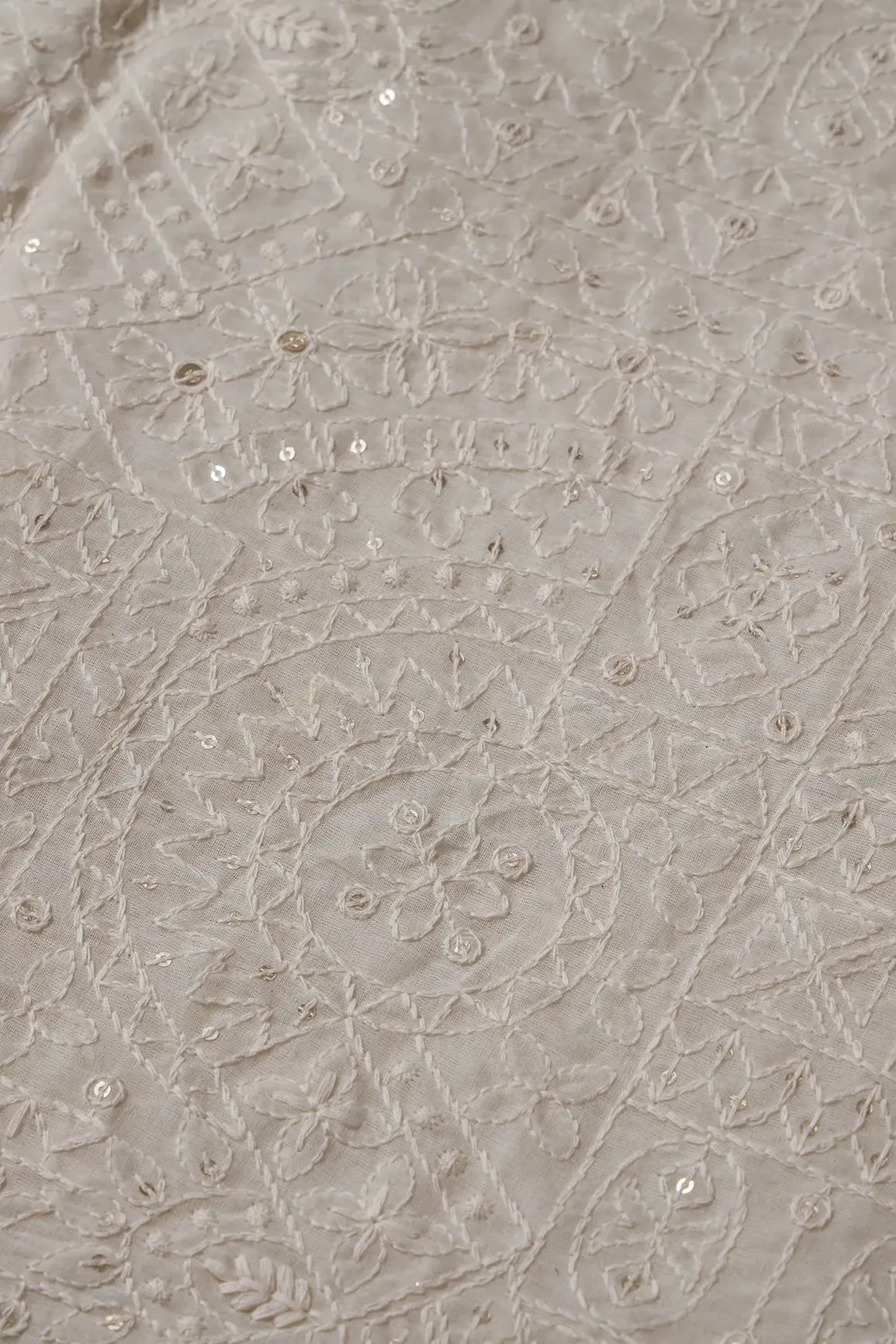 4 Meter Cut Piece Of White Thread With Sequins Geometric Embroidery Work On Off White Organic Cotton Fabric