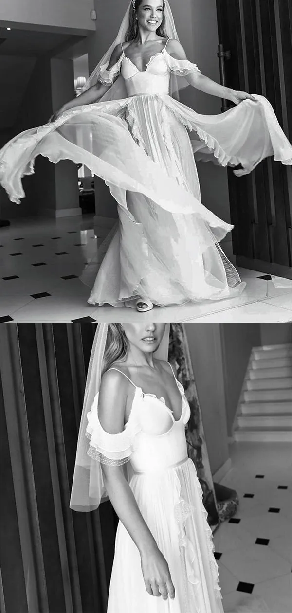 A-line Chiffon Unique Charming Beach Long Wedding Dresses, Bridal Gown WD086