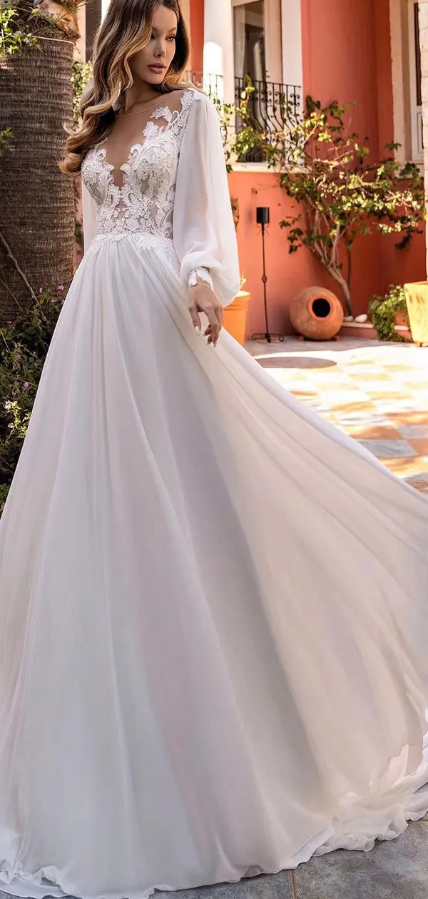 A-line Long Sleeves Beach Vintage Garden Long Wedding Dresses WD130
