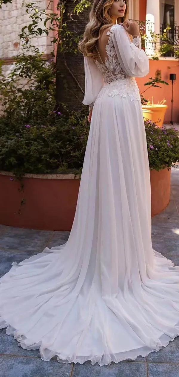 A-line Long Sleeves Beach Vintage Garden Long Wedding Dresses WD130