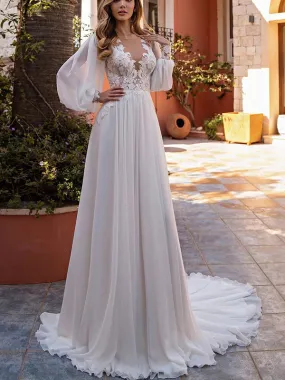 A-line Long Sleeves Beach Vintage Garden Long Wedding Dresses WD130