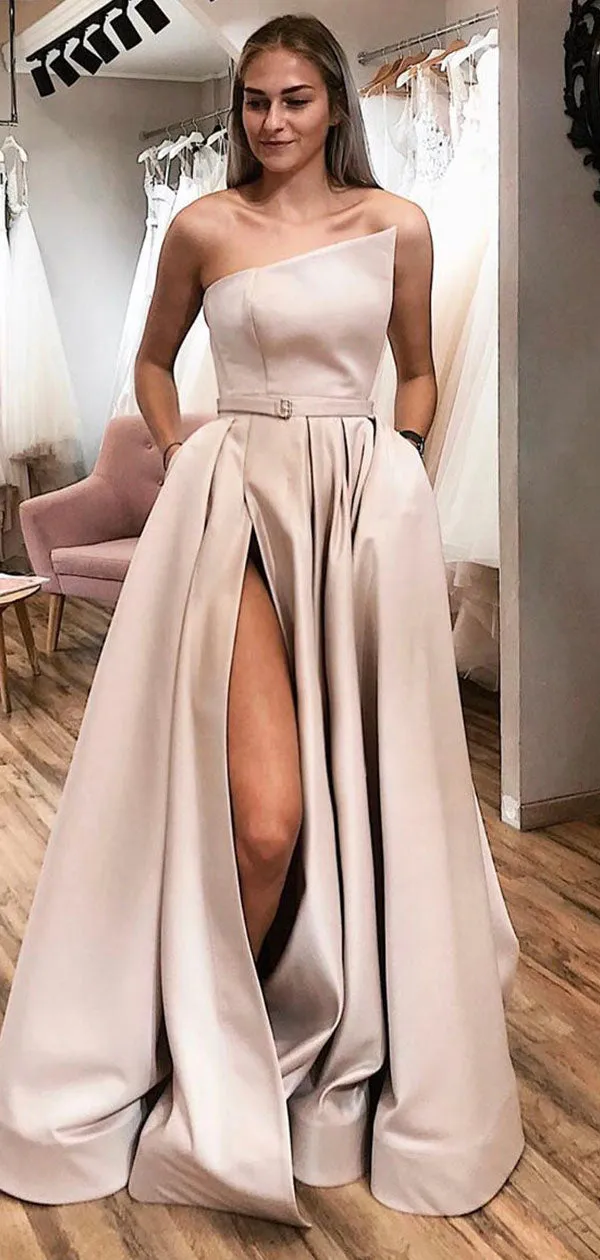 A-line Satin Simple Modest Party Elegant Long Prom Dresses with Slit PD314