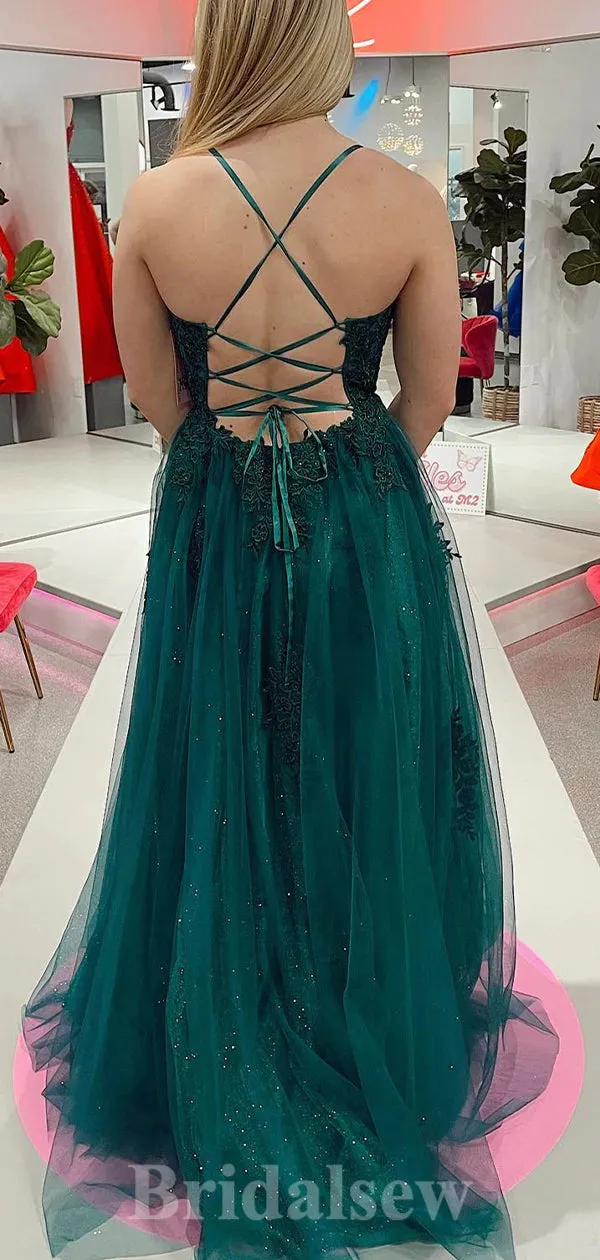 A-line Spaghetti Straps Lace Slit Elegant Party Long Women Evening Prom Dresses PD878