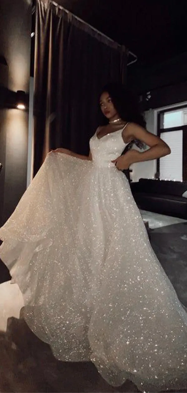 A-line Sparkly Sequin Princess Pretty Long Wedding Dresses WD071