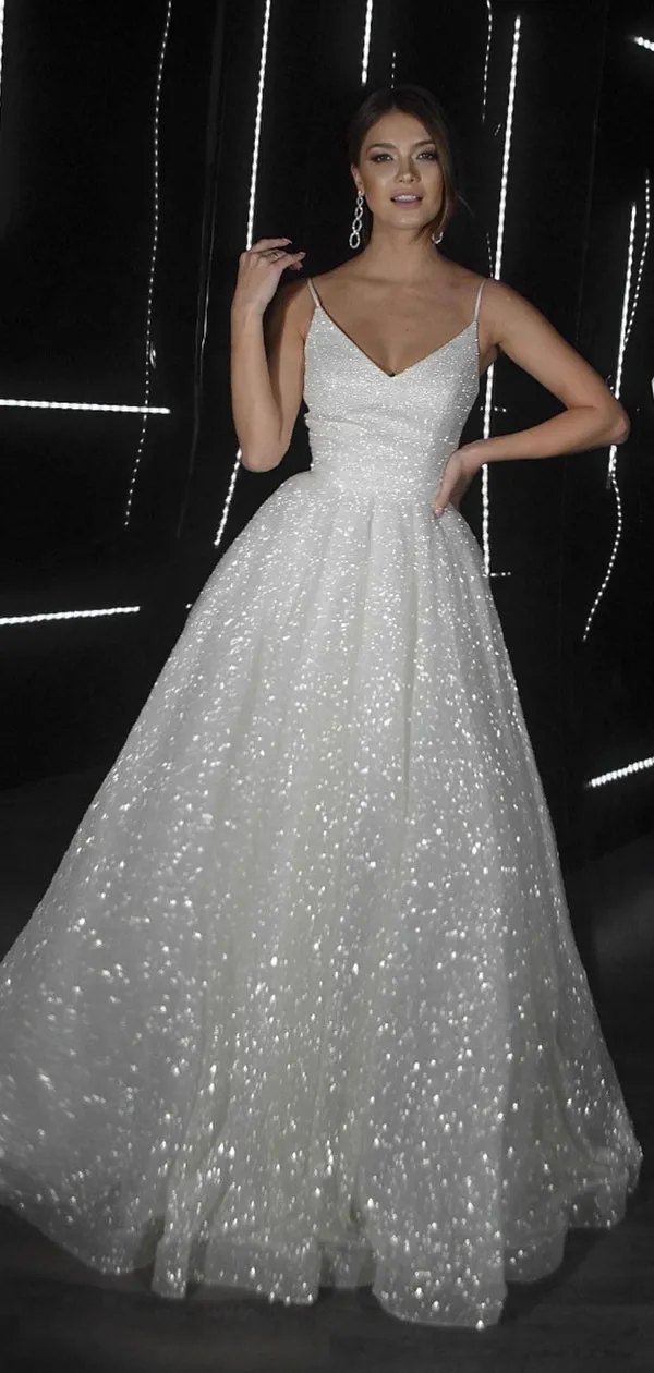 A-line Sparkly Sequin Princess Pretty Long Wedding Dresses WD071