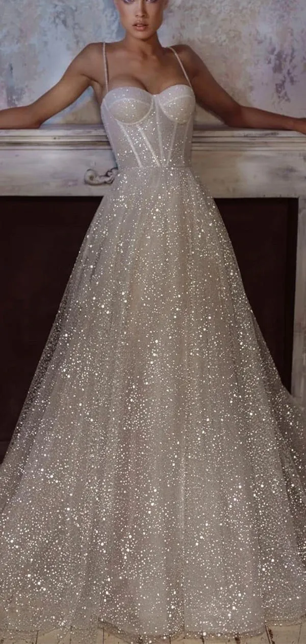 A-line Sparkly Sequin Spaghetti Straps Unique Beach Wedding Dresses, Bridal Gown WD087