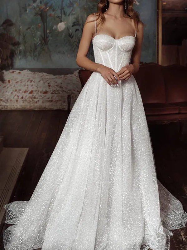 A-line Sparkly Sequin Spaghetti Straps Unique Beach Wedding Dresses, Bridal Gown WD087