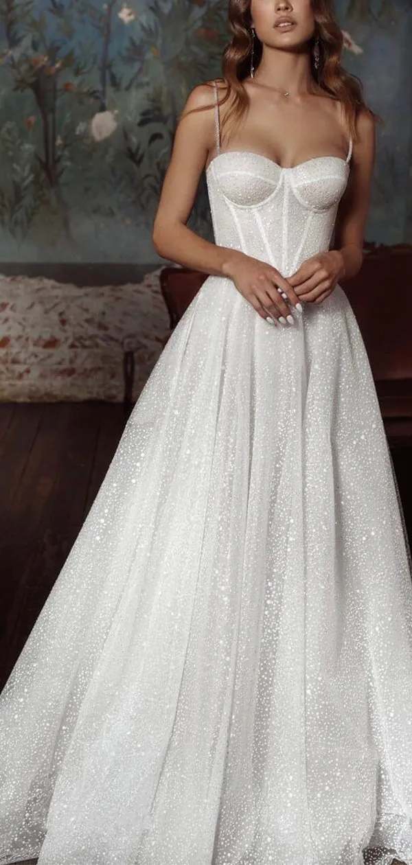 A-line Sparkly Sequin Spaghetti Straps Unique Beach Wedding Dresses, Bridal Gown WD087