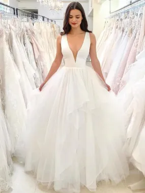A-line V-Neck Sleeveless Elegant Tulle Princess Beach Dream Vintage Long Wedding Dresses WD544