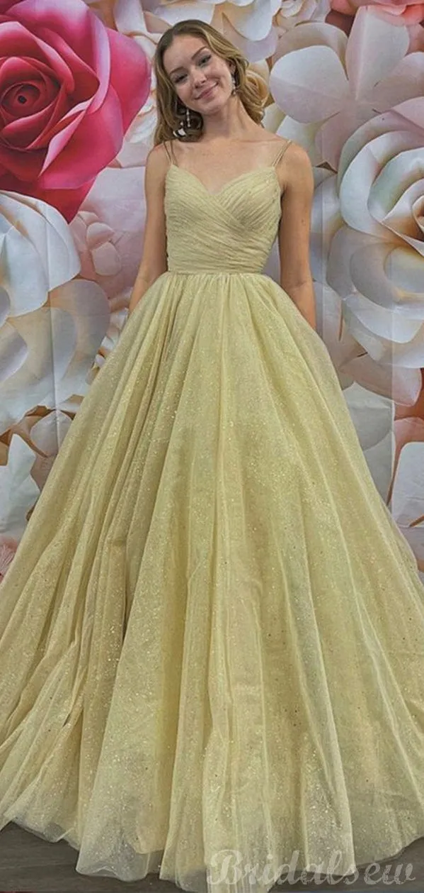 A-line Yellow Sparkly Sequin Tulle Long Prom Dresses, Formal Evening Dresses PD262