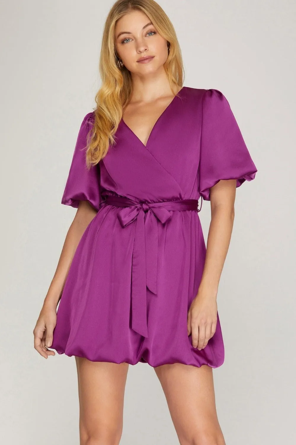 BALLOON HEM SKIRT SATIN DRESS | MAGENTA