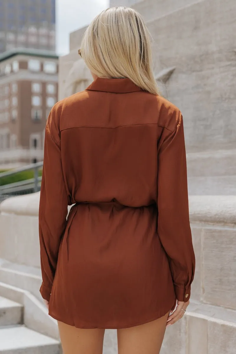 Belted Button Down Satin Romper - Brown