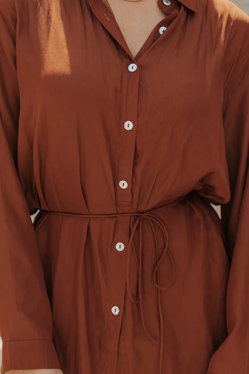Belted Button Down Satin Romper - Brown