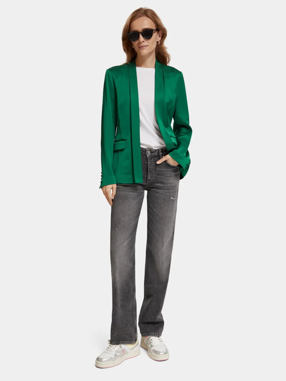 Belted satin blazer