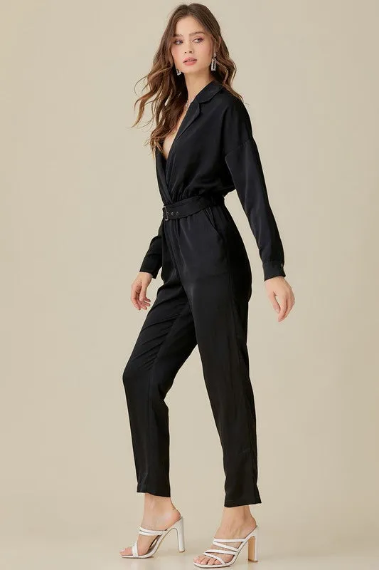 BELTED WAIST COLLARED SATIN JUMPSUIT