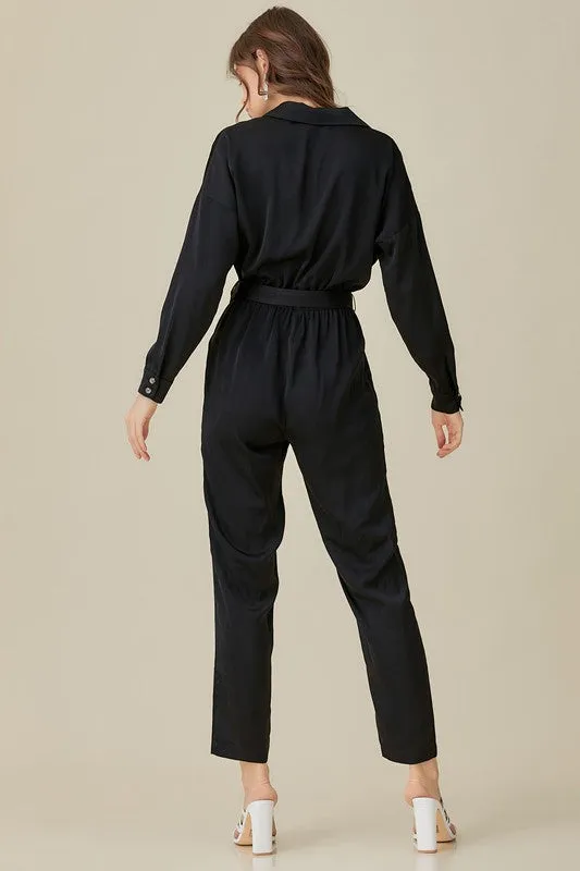 BELTED WAIST COLLARED SATIN JUMPSUIT
