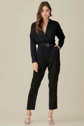 BELTED WAIST COLLARED SATIN JUMPSUIT