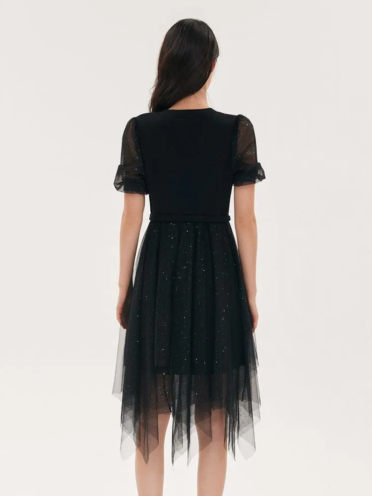 Black Sequins Patchwork Mesh Woollen Dress