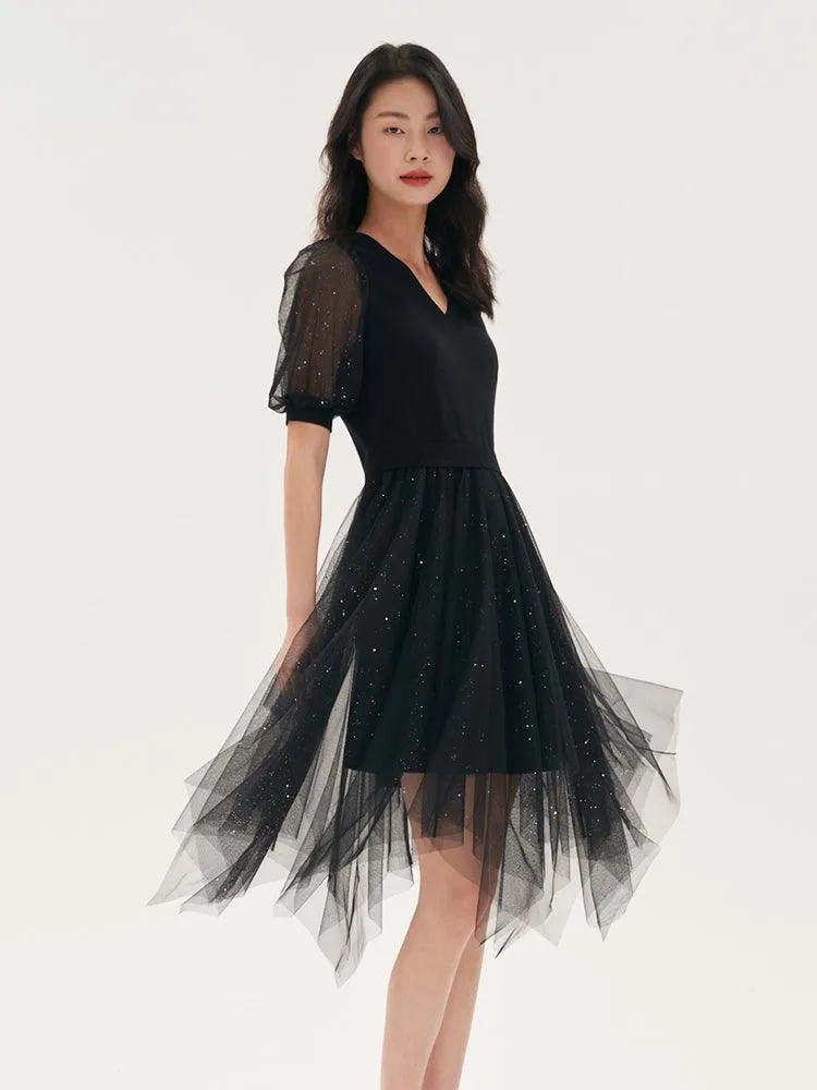 Black Sequins Patchwork Mesh Woollen Dress