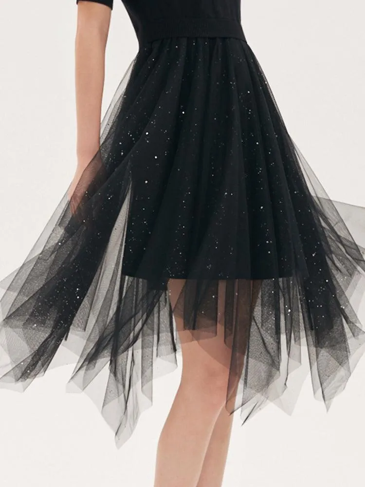 Black Sequins Patchwork Mesh Woollen Dress