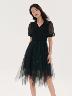 Black Sequins Patchwork Mesh Woollen Dress