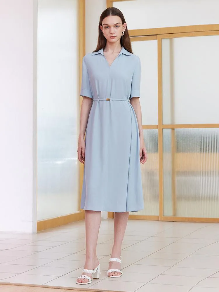 Blue V-neck Lapel Dress With Belt