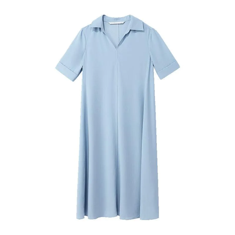 Blue V-neck Lapel Dress With Belt