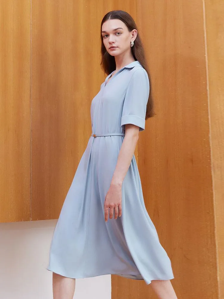 Blue V-neck Lapel Dress With Belt