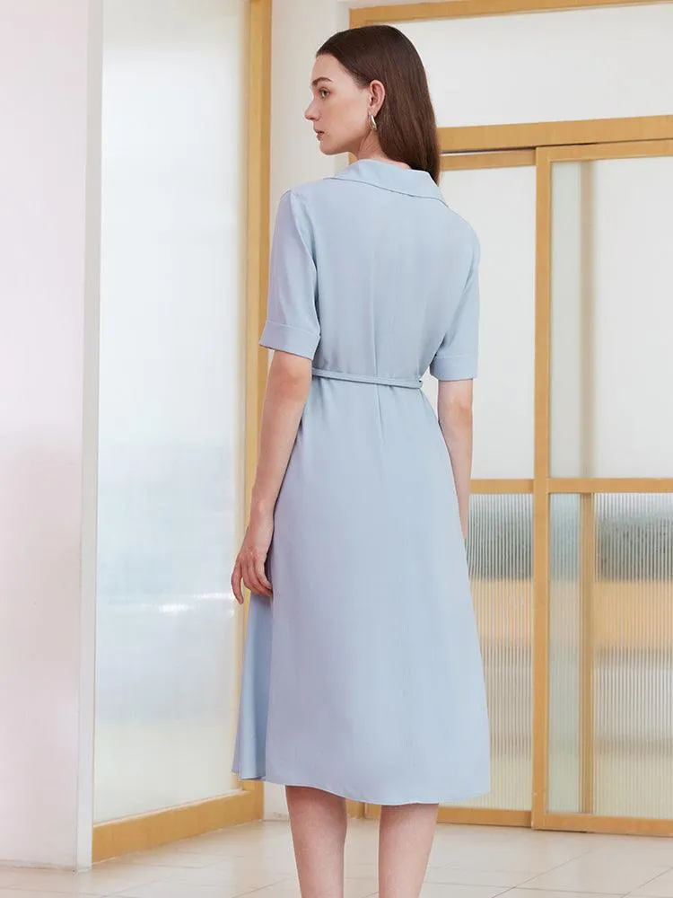 Blue V-neck Lapel Dress With Belt