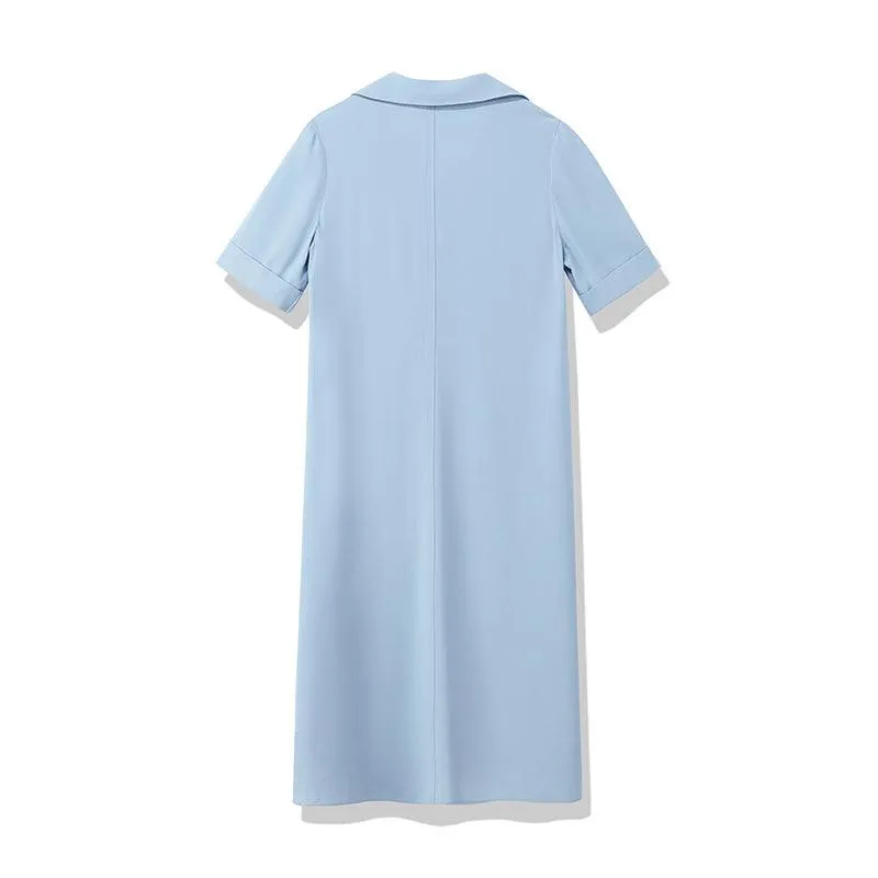 Blue V-neck Lapel Dress With Belt
