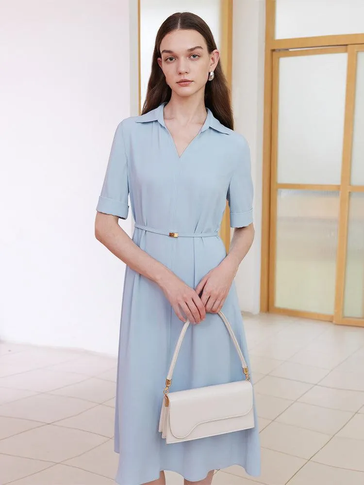Blue V-neck Lapel Dress With Belt