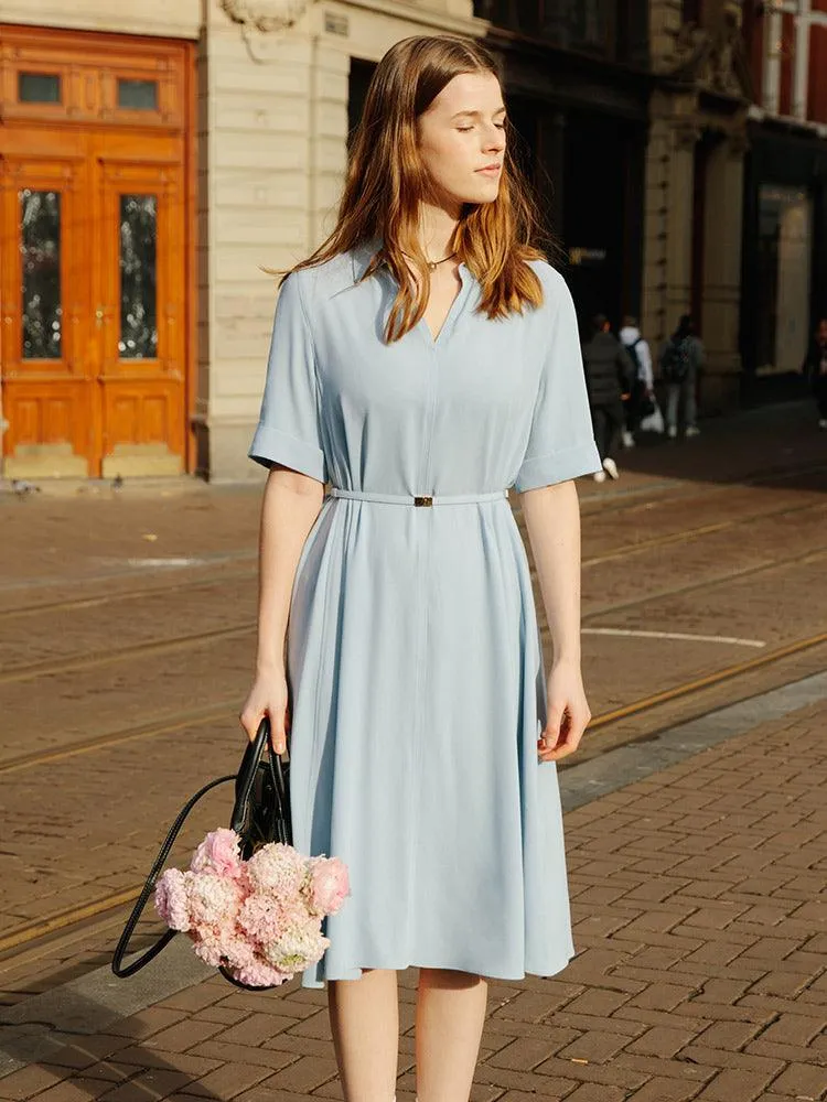 Blue V-neck Lapel Dress With Belt