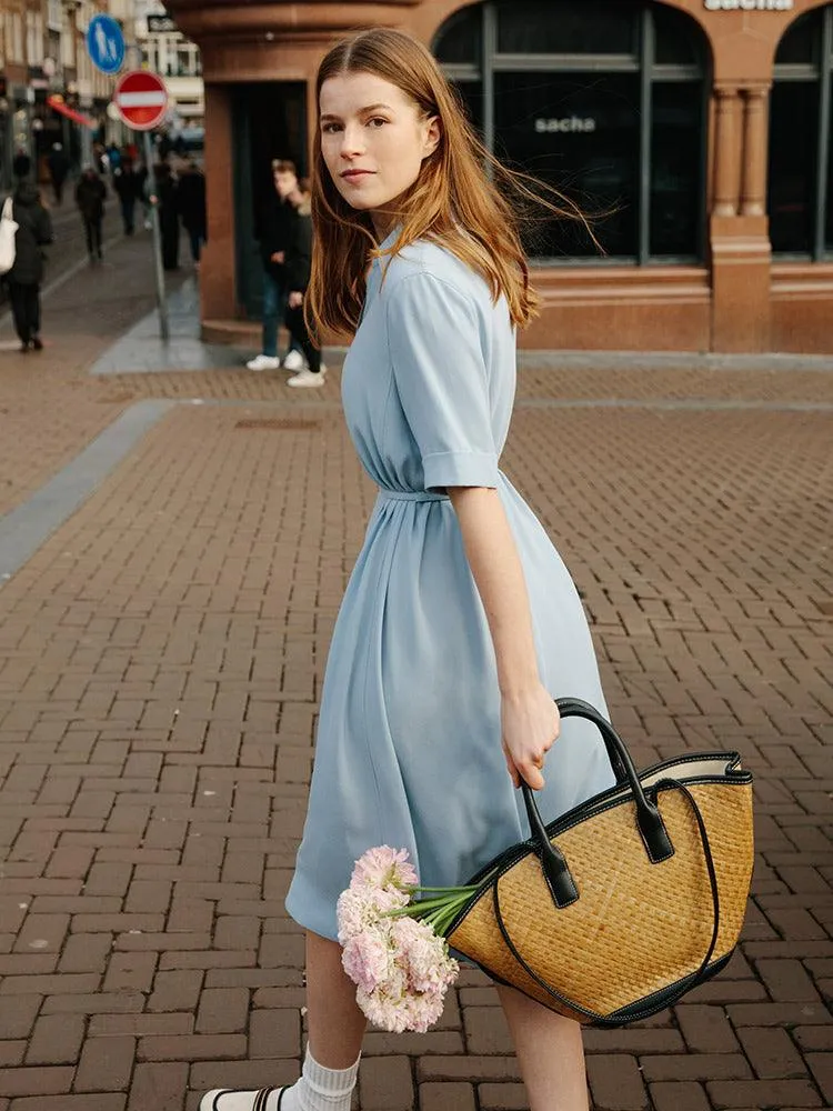 Blue V-neck Lapel Dress With Belt