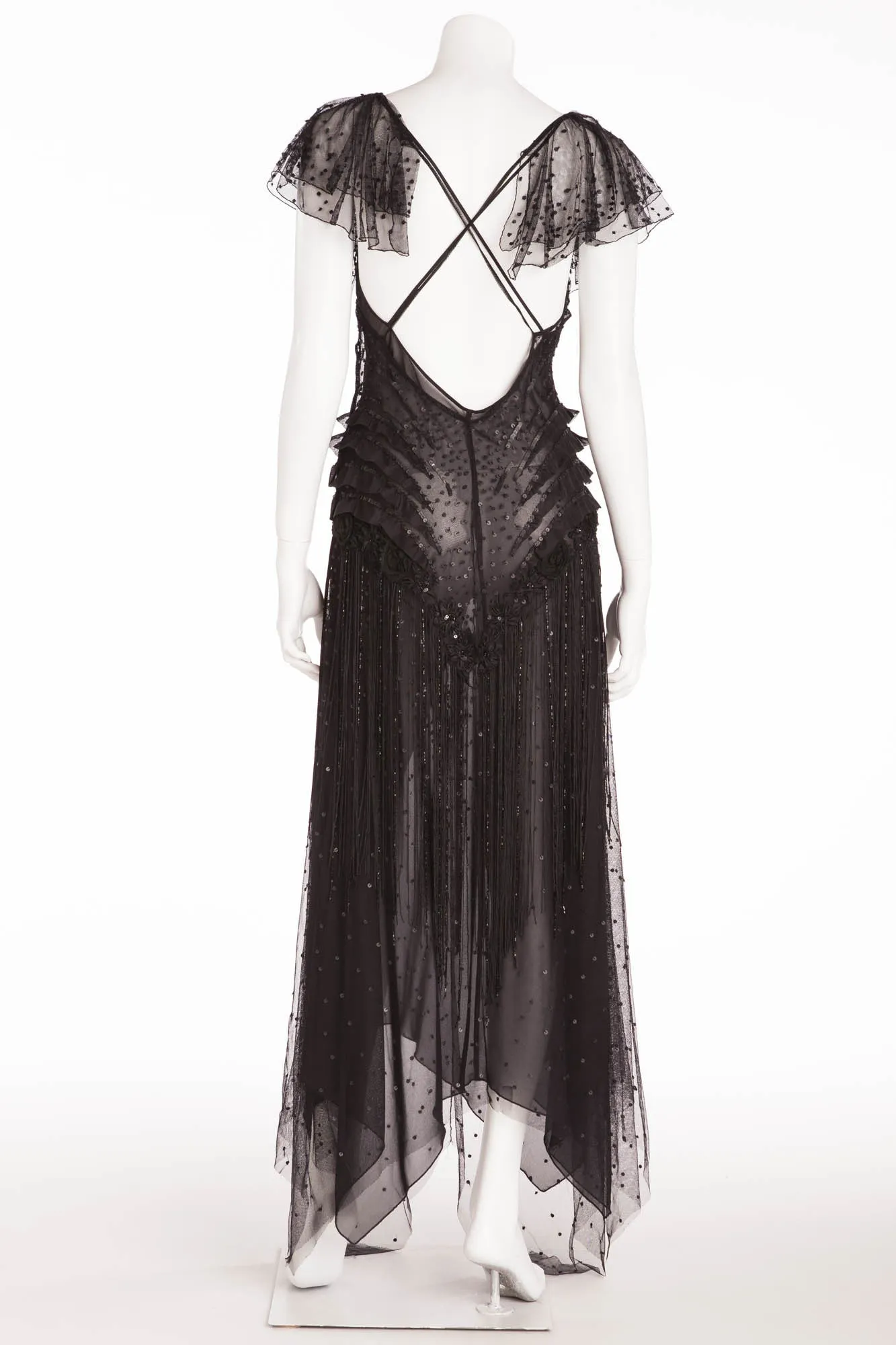 Blumarine - Editorial, Black Lace Long Dress with Sequins and Fringe - IT 42