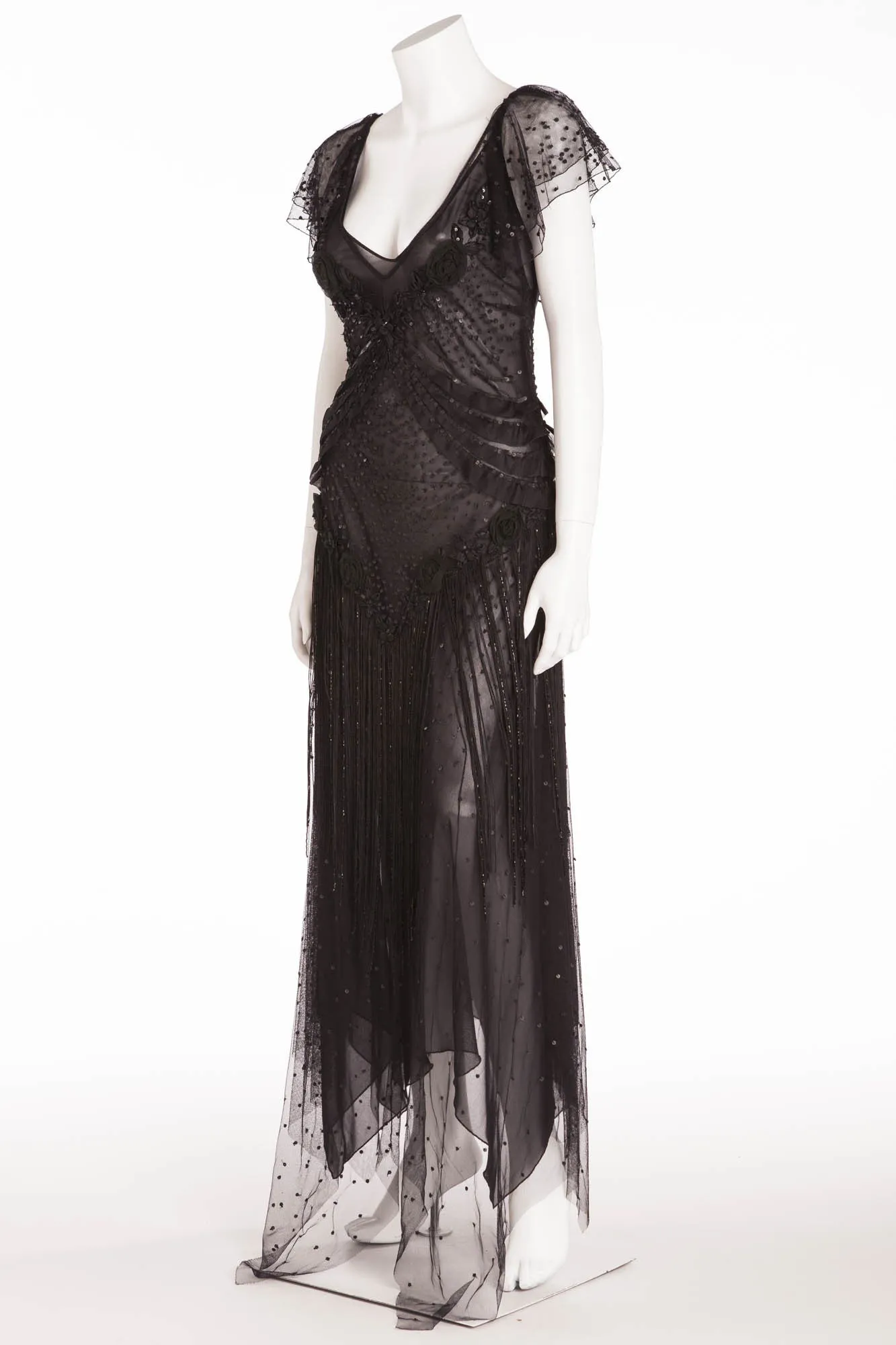 Blumarine - Editorial, Black Lace Long Dress with Sequins and Fringe - IT 42