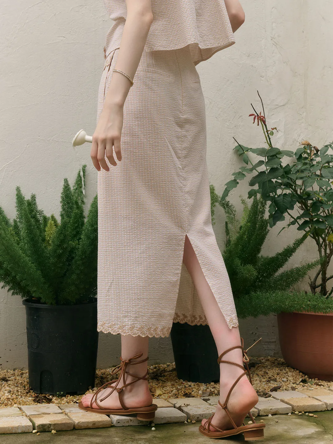 Briana Double Breasted Buttons Wavy Embroidered Checked Cotton Skirt