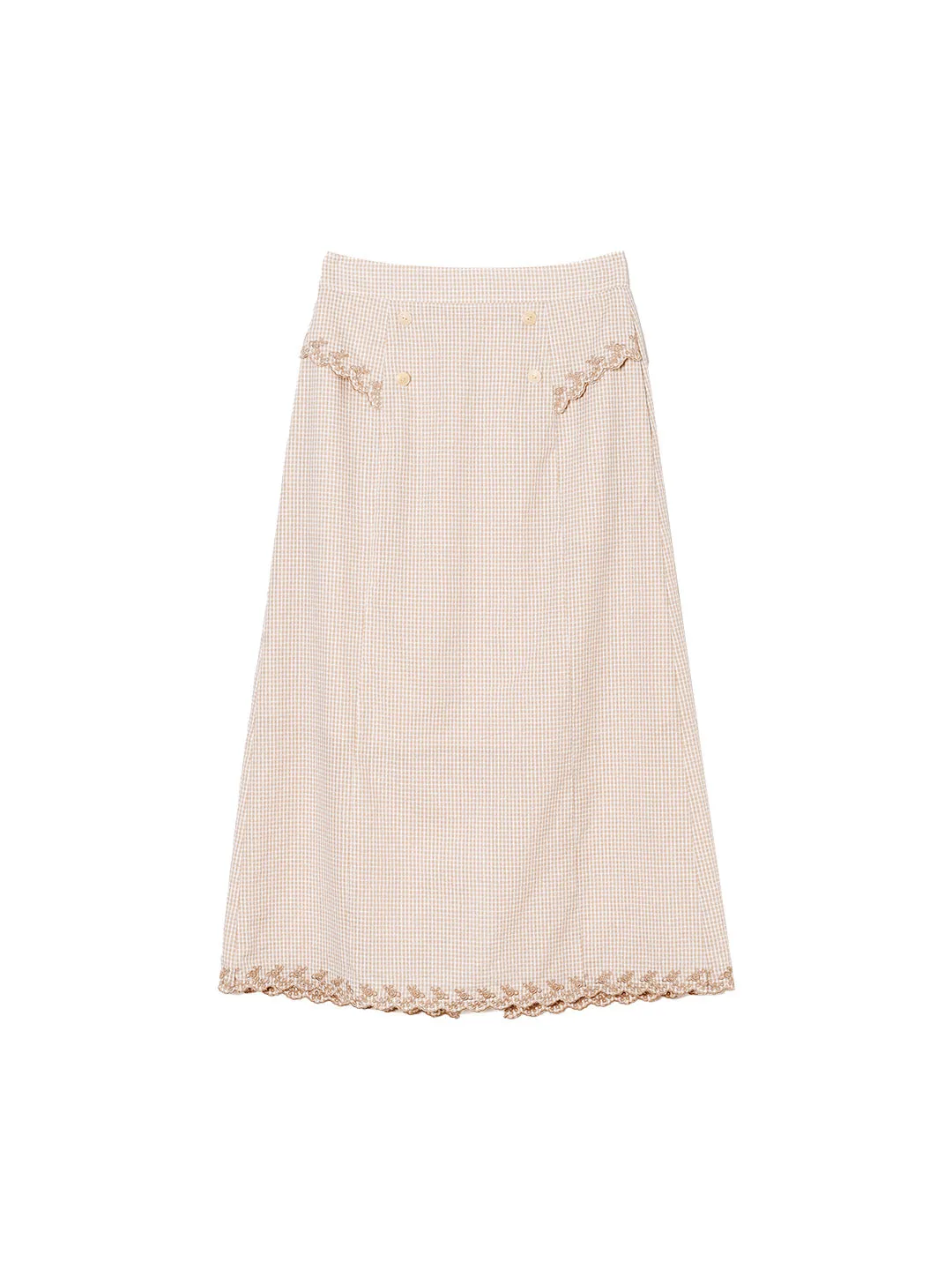 Briana Double Breasted Buttons Wavy Embroidered Checked Cotton Skirt