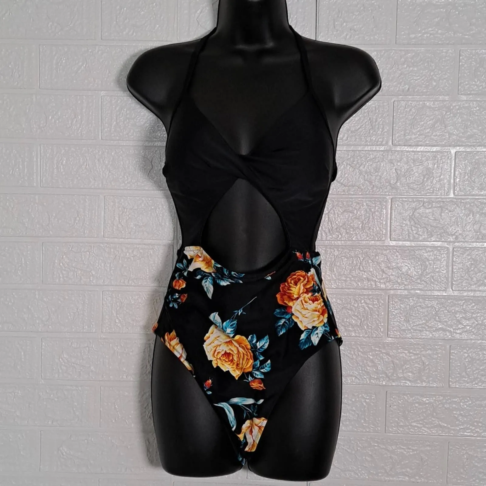 Cupshe Halter Cutout Lace Up One Piece Swimsuit in Black