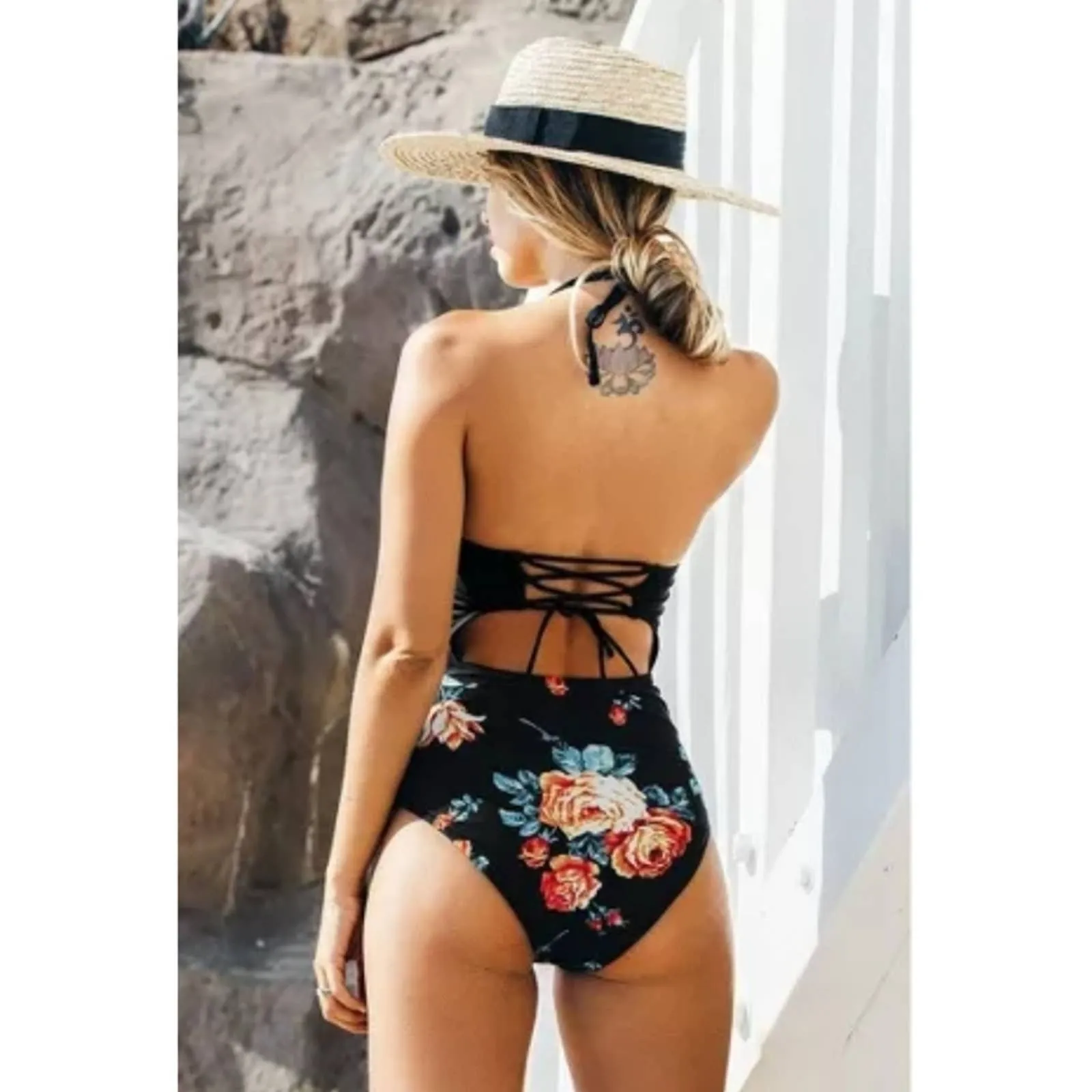 Cupshe Halter Cutout Lace Up One Piece Swimsuit in Black