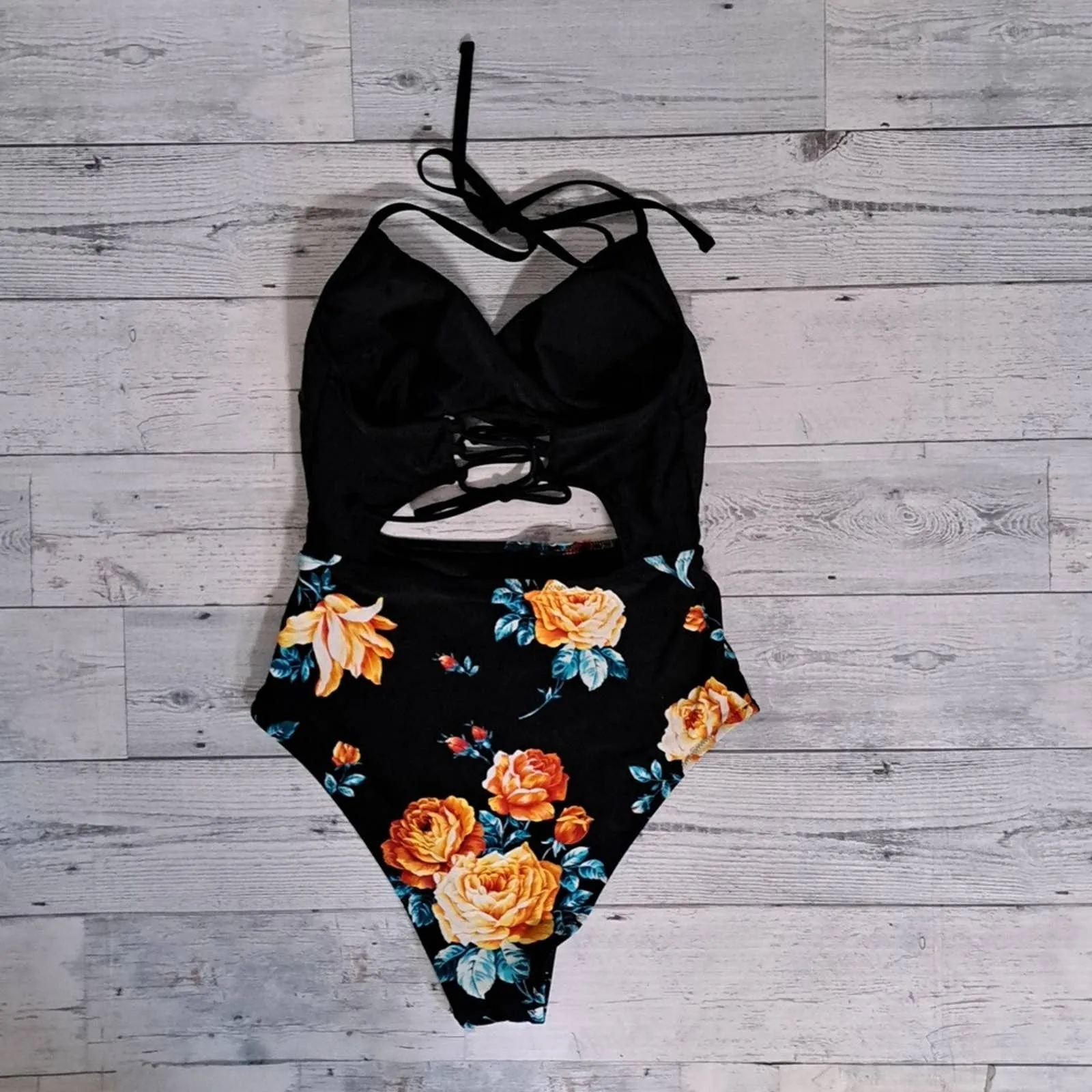 Cupshe Halter Cutout Lace Up One Piece Swimsuit in Black