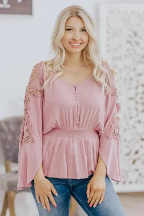 Faith, Hope, Love Lace Cinched Elastic Waist Button Down in Mauve