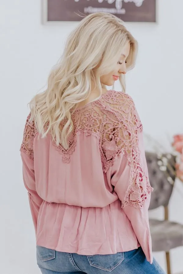 Faith, Hope, Love Lace Cinched Elastic Waist Button Down in Mauve